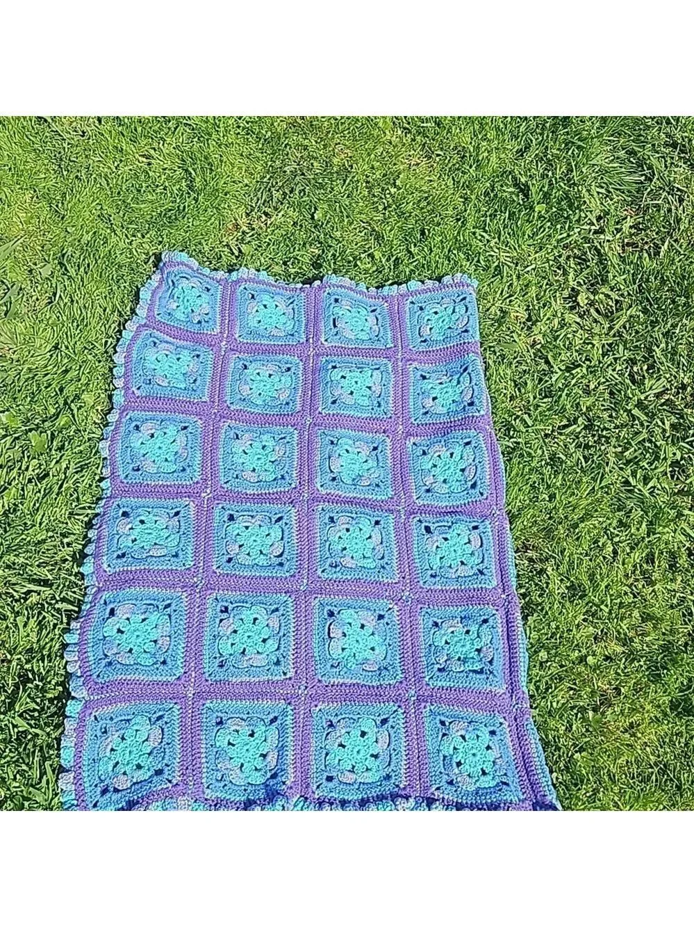 Hand Crafted Purple Blue Aqua Crochet Blanket Granny Square Throw